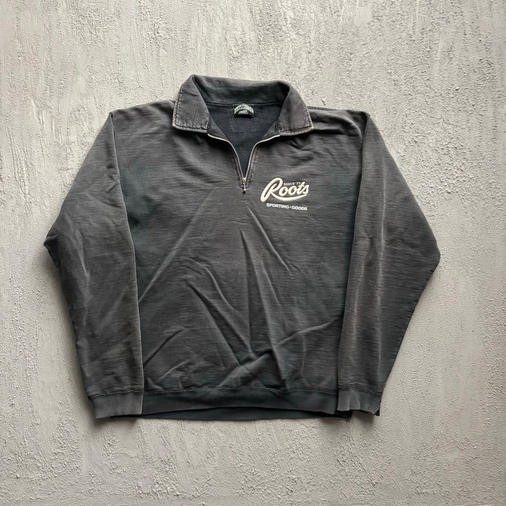 Vintage Roots Sporting Goods 1/4 Zip Sweatshirt Large Grey 90s Roots Canada